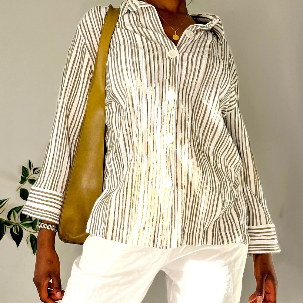 Olive Stripped Linen Button Up